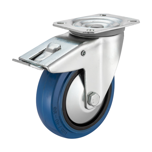 Lockable Swivel Plate Caster with Elastic Rubber Wheels for Industrial Applications