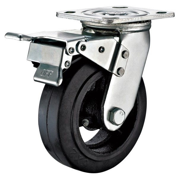 Heavy-Duty Caster with Total Locking Brake-Rubber Cast Iron Wheel