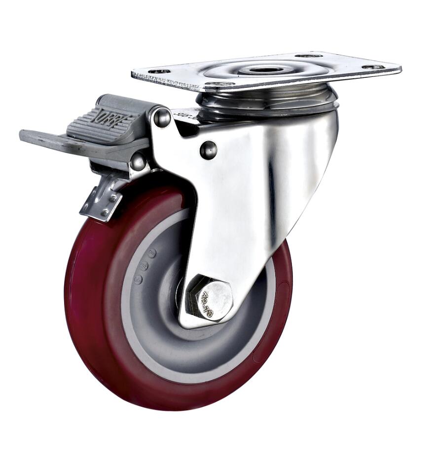 Medium Duty Stainless Steel Caster with Total Brake Locking and Polyurethane Wheel