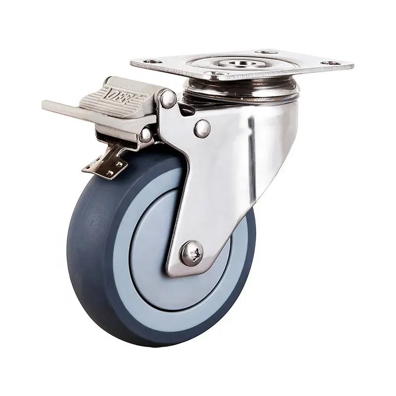 Medium Duty Stainless Steel Caster with Locking Brake - Grey Thermoplastic Rubber Wheel and Top Plate Fitting