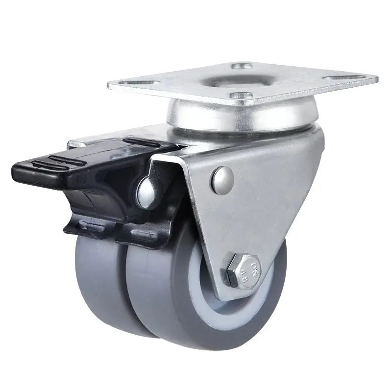 Low-Profile Twin-Wheel Caster Bracket with Thermoplastic Rubber Wheel - Top Plate Fitting
