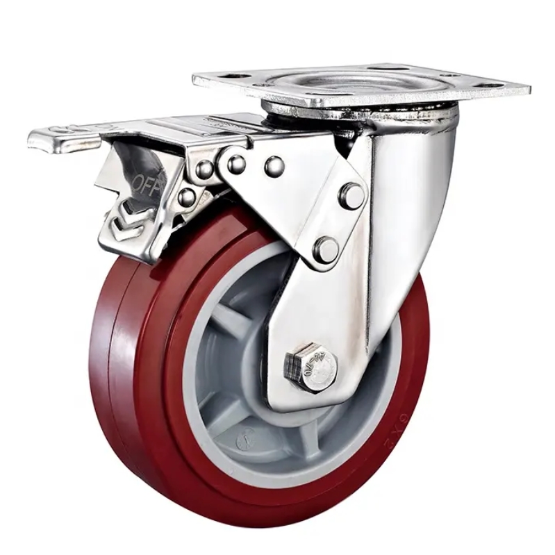 Heavy Duty Stainless Steel Caster with Locking Brake - Red Polyurethane Wheel and Double Bearings